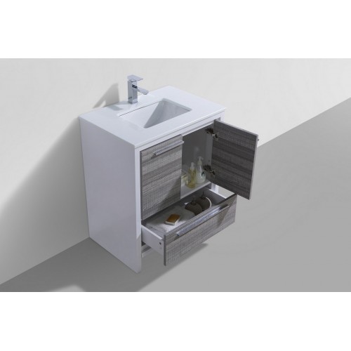 KubeBath Dolce 30″ Ash Gray Modern Bathroom Vanity with White Quartz Counter-Top