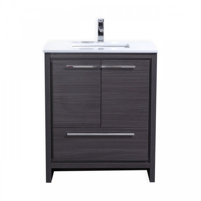 KubeBath Dolce 30″ Gray Oak Modern Bathroom Vanity with White Quartz Counter-Top