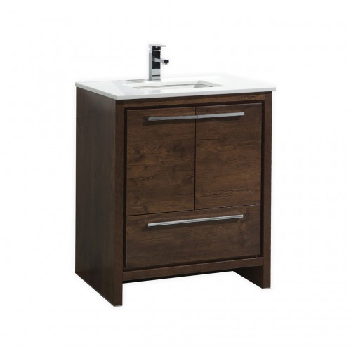 KubeBath Dolce 30″ Rose Wood Modern Bathroom Vanity with White Quartz Counter-Top