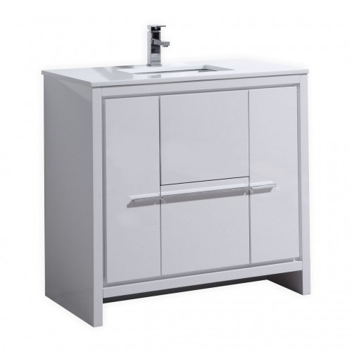 KubeBath Dolce 36″ High Gloss White Modern Bathroom Vanity with White Quartz Counter-Top
