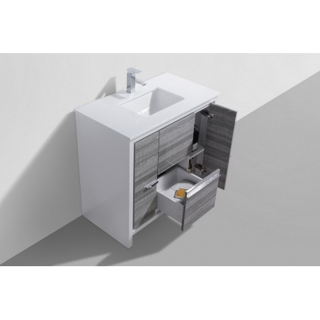KubeBath Dolce 36″ Ash Gray Modern Bathroom Vanity with White Quartz Counter-Top