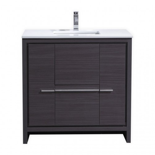 KubeBath Dolce 36″ Gray Oak Modern Bathroom Vanity with White Quartz Counter-Top