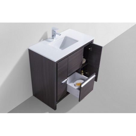 KubeBath Dolce 36″ Gray Oak Modern Bathroom Vanity with White Quartz Counter-Top