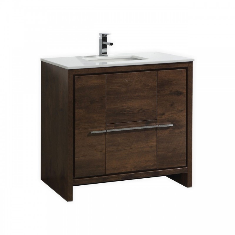 KubeBath Dolce 36″ Rose Wood  Modern Bathroom Vanity with White Quartz Counter-Top