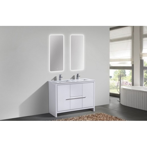 KubeBath Dolce 48″ Double Sink High Gloss White Modern Bathroom Vanity with White Quartz Counter-Top