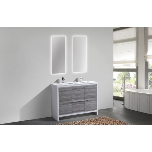 KubeBath Dolce 48″ Double Sink Ash Gray Modern Bathroom Vanity with White Quartz Counter-Top