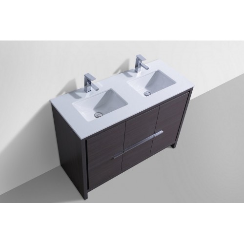 KubeBath Dolce 48″ Double Sink Gray Oak Modern Bathroom Vanity with White Quartz Counter-Top