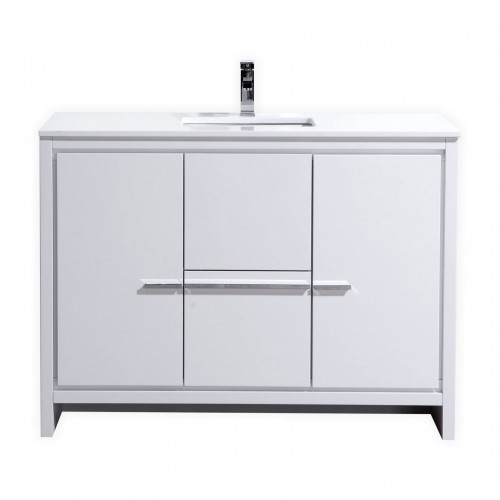 KubeBath Dolce 48″ High Gloss White Modern Bathroom Vanity with White Quartz Counter-Top