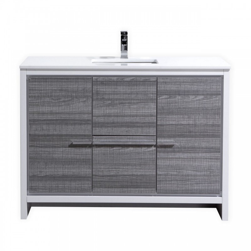 KubeBath Dolce 48″ Ash Gray Modern Bathroom Vanity with White Quartz Counter-Top