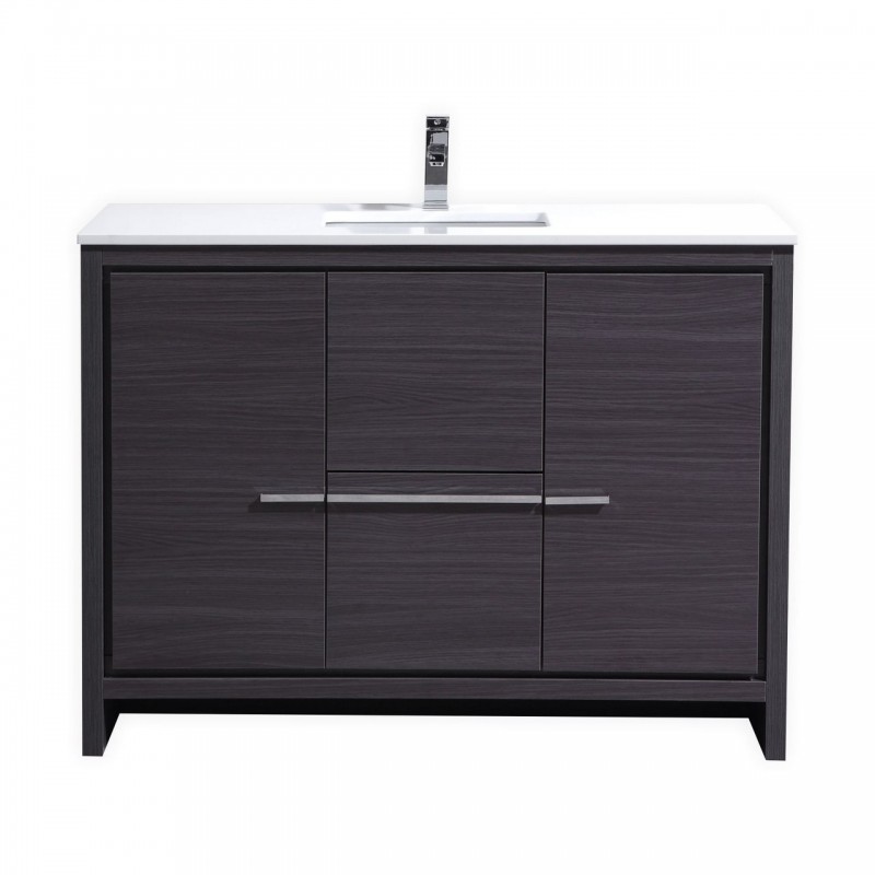 KubeBath Dolce 48″ Gray Oak Modern Bathroom Vanity with White Quartz Counter-Top