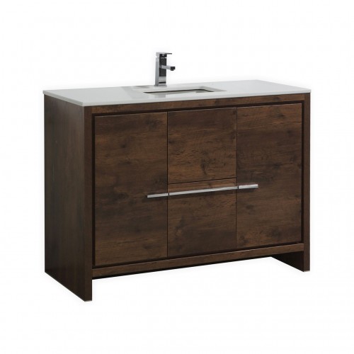 KubeBath Dolce 48″ Rose Wood Modern Bathroom Vanity with White Quartz Counter-Top