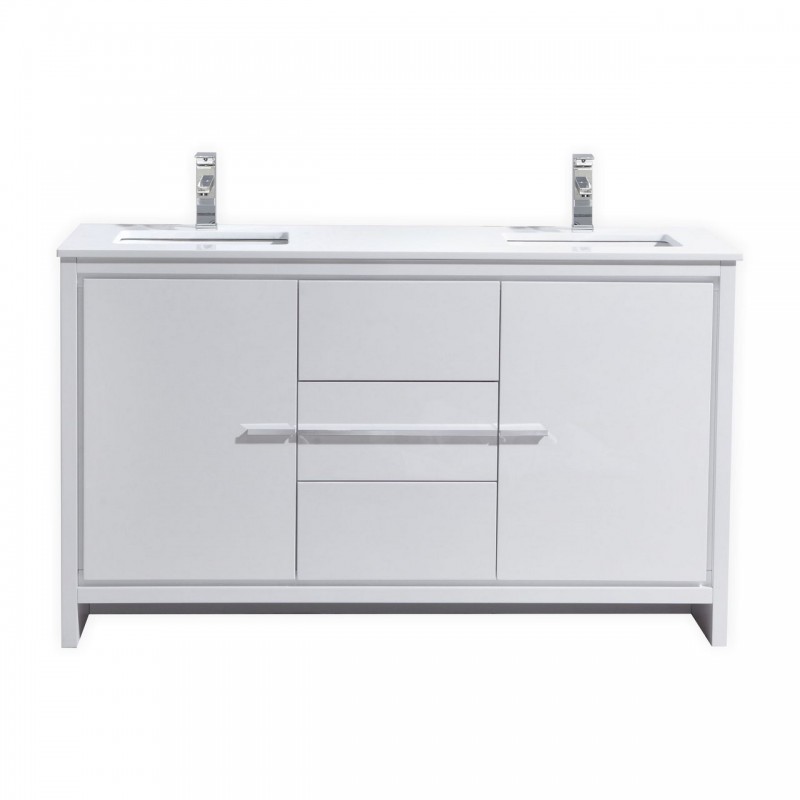 KubeBath Dolce 60″ Double Sink High Gloss White Modern Bathroom Vanity with White Quartz Counter-Top