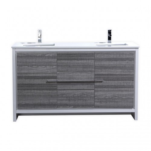 KubeBath Dolce 60″ Double Sink Ash Gray Modern Bathroom Vanity with White Quartz Counter-Top