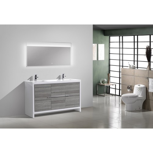 KubeBath Dolce 60″ Double Sink Ash Gray Modern Bathroom Vanity with White Quartz Counter-Top