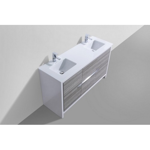 KubeBath Dolce 60″ Double Sink Ash Gray Modern Bathroom Vanity with White Quartz Counter-Top