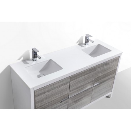 KubeBath Dolce 60″ Double Sink Ash Gray Modern Bathroom Vanity with White Quartz Counter-Top