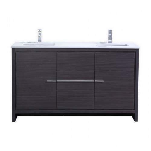 KubeBath Dolce 60″ Double Sink Gray Oak Modern Bathroom Vanity with White Quartz Counter-Top