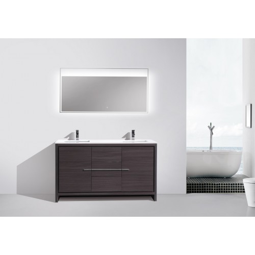 KubeBath Dolce 60″ Double Sink Gray Oak Modern Bathroom Vanity with White Quartz Counter-Top