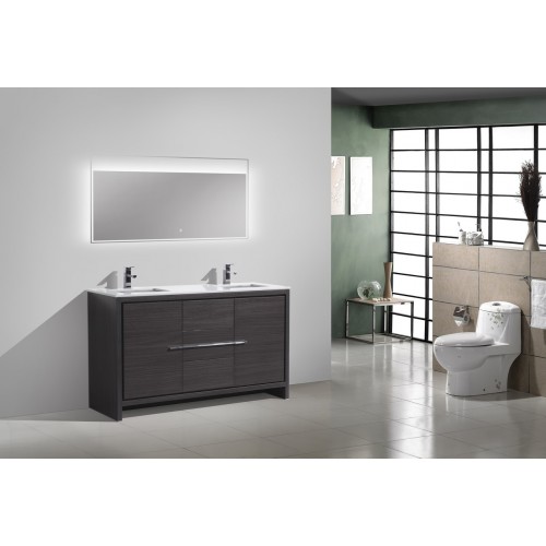 KubeBath Dolce 60″ Double Sink Gray Oak Modern Bathroom Vanity with White Quartz Counter-Top