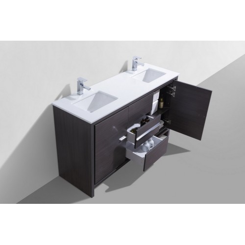 KubeBath Dolce 60″ Double Sink Gray Oak Modern Bathroom Vanity with White Quartz Counter-Top