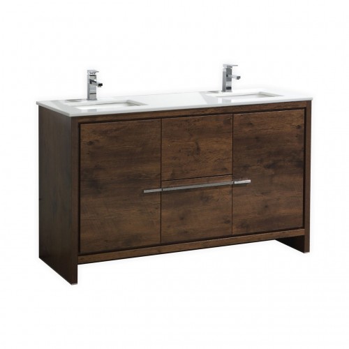 KubeBath Dolce 60″ Double Sink Rose Wood Modern Bathroom Vanity with White Quartz Counter-Top