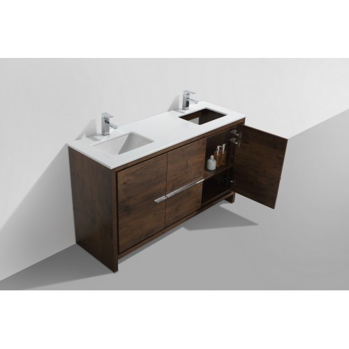 KubeBath Dolce 60″ Double Sink Rose Wood Modern Bathroom Vanity with White Quartz Counter-Top