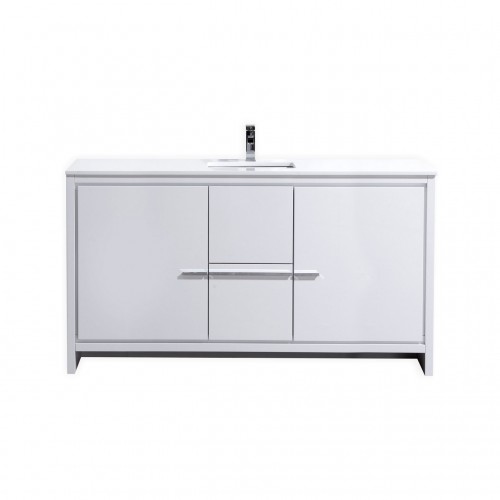 KubeBath Dolce 60″ High Gloss White Modern Bathroom Vanity with White Quartz Counter-Top