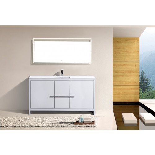 KubeBath Dolce 60″ High Gloss White Modern Bathroom Vanity with White Quartz Counter-Top