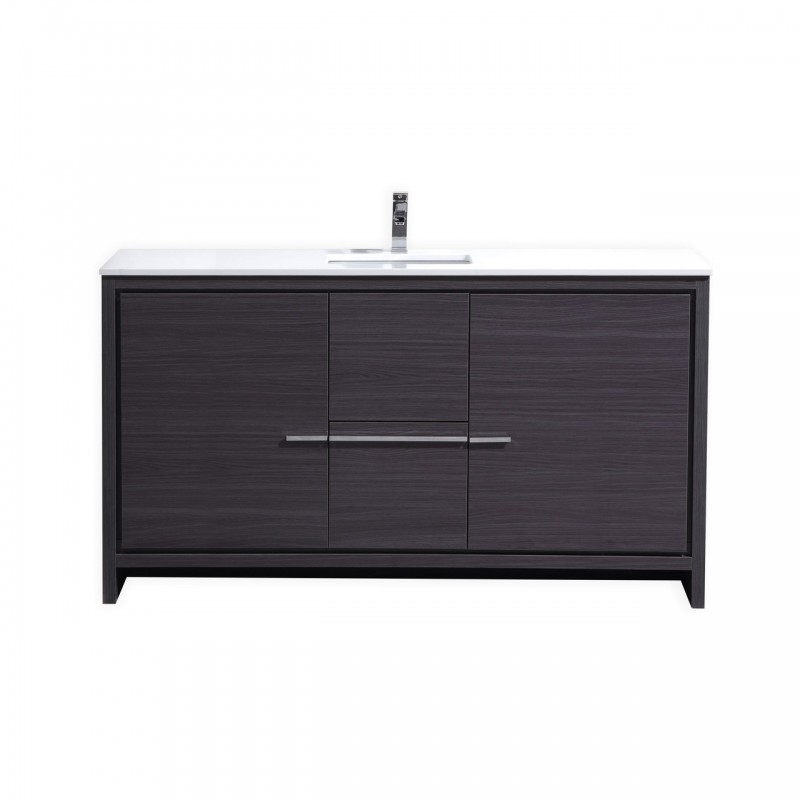 KubeBath Dolce 60″ Dark Gray Oak Modern Bathroom Vanity with White Quartz Counter-Top