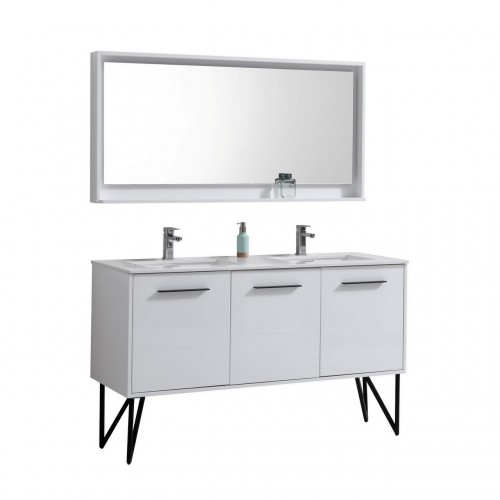Bosco 60" Double Sink Modern Bathroom Vanity w/ Quartz Countertop and Matching Mirror