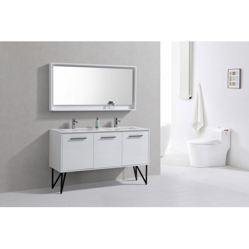 Bosco 60" Double Sink Modern Bathroom Vanity w/ Quartz Countertop and Matching Mirror