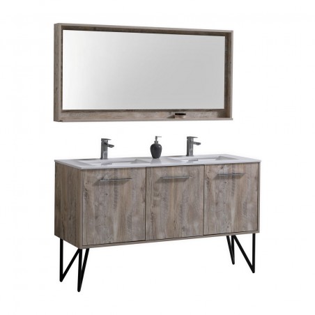 Bosco 60" Double Sink Modern Bathroom Vanity w/ Quartz Countertop and Matching Mirror