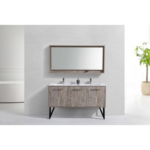 Bosco 60" Double Sink Modern Bathroom Vanity w/ Quartz Countertop and Matching Mirror