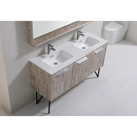 Bosco 60" Double Sink Modern Bathroom Vanity w/ Quartz Countertop and Matching Mirror