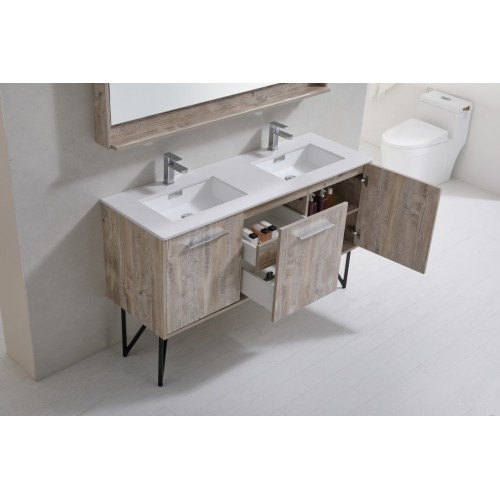 Bosco 60" Double Sink Modern Bathroom Vanity w/ Quartz Countertop and Matching Mirror