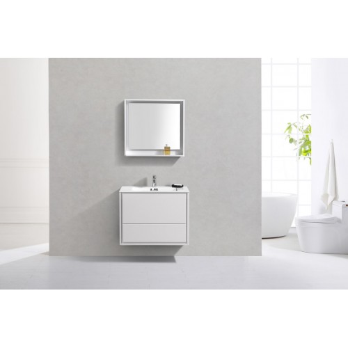 DeLusso 30" High Glossy White Wall Mount Modern Bathroom Vanity