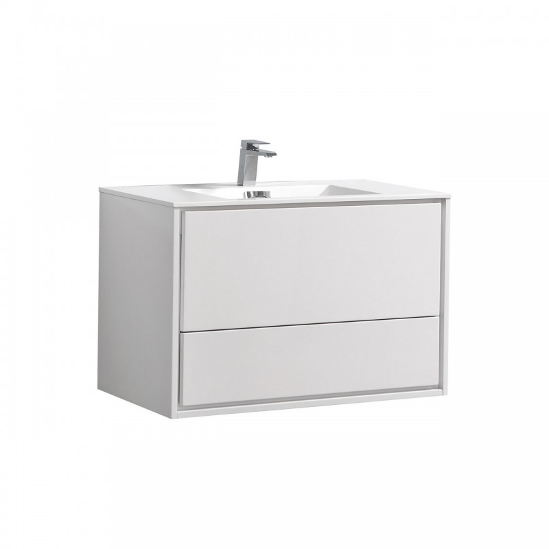 DeLusso 36" High Glossy White Wall Mount Modern Bathroom Vanity