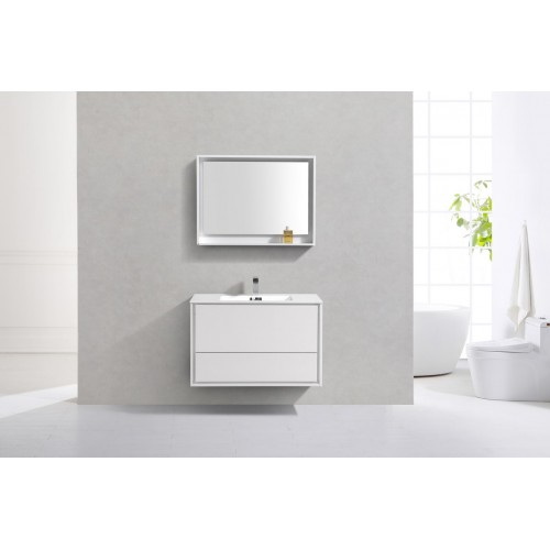 DeLusso 36" High Glossy White Wall Mount Modern Bathroom Vanity