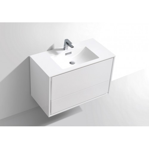 DeLusso 36" High Glossy White Wall Mount Modern Bathroom Vanity