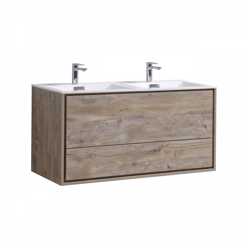 DeLusso 48" Double Sink Nature Wood Wall Mount Modern Bathroom Vanity