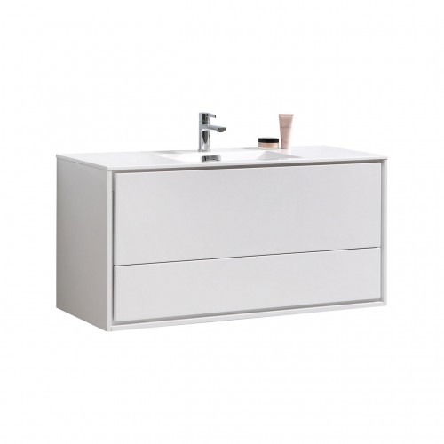 DeLusso 48" Single Sink High Glossy White Wall Mount Modern Bathroom Vanity