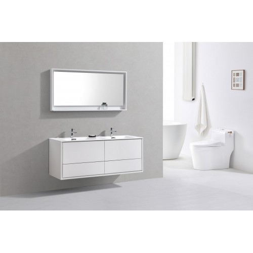 DeLusso 60" Double Sink High Glossy White Wall Mount Modern Bathroom Vanity