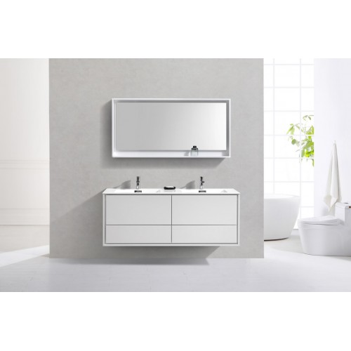 DeLusso 60" Double Sink High Glossy White Wall Mount Modern Bathroom Vanity