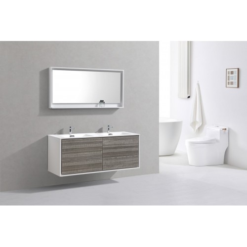 DeLusso 60" Double Sink  Ash Gray Wall Mount Modern Bathroom Vanity