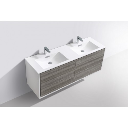 DeLusso 60" Double Sink  Ash Gray Wall Mount Modern Bathroom Vanity