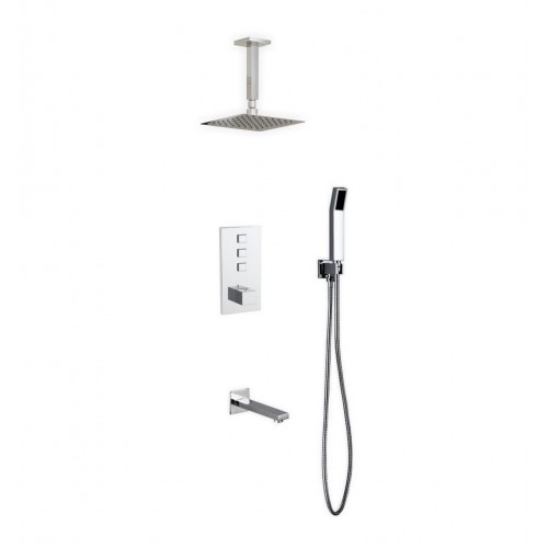 Piazza Thermostatic Shower Set w/ 8″ Ceiling Mount Square Rain Shower, Handheld and Tub Filler