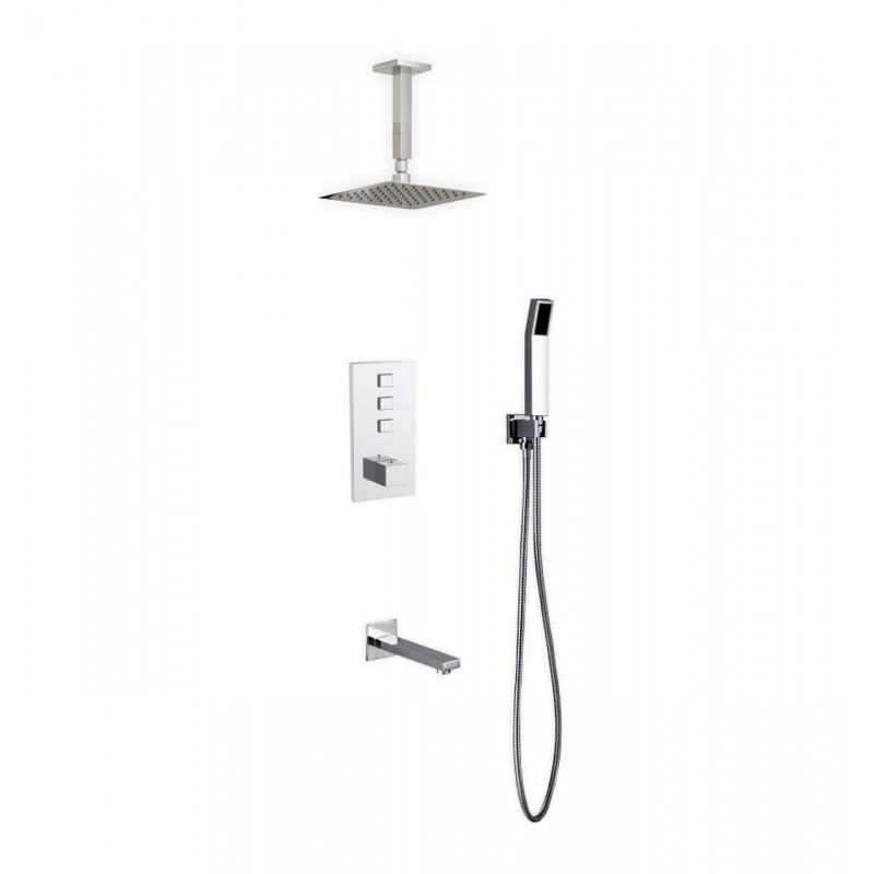 Piazza Thermostatic Shower Set w/ 8″ Ceiling Mount Square Rain Shower, Handheld and Tub Filler