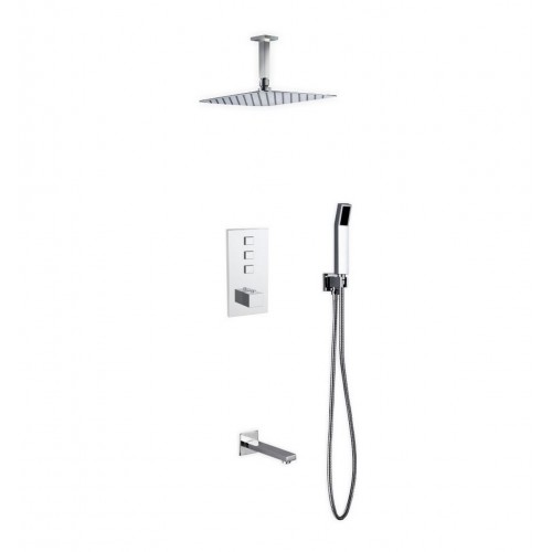 Piazza Thermostatic Shower Set w/ 12″ Ceiling Mount Square Rain Shower, Handheld and Tub Filler 
