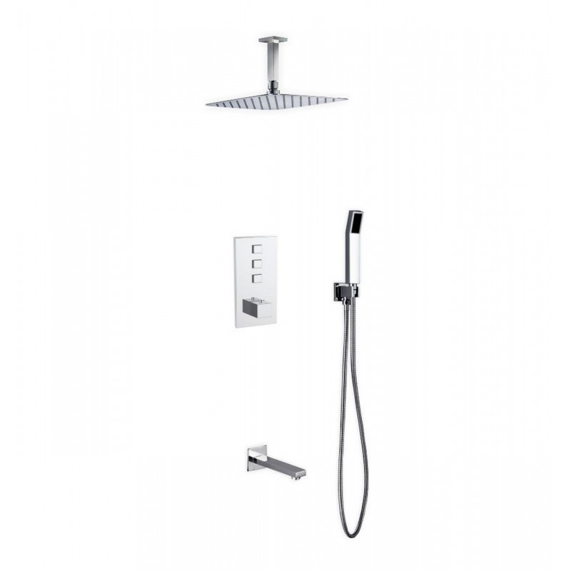 Piazza Thermostatic Shower Set w/ 12″ Ceiling Mount Square Rain Shower, Handheld and Tub Filler 