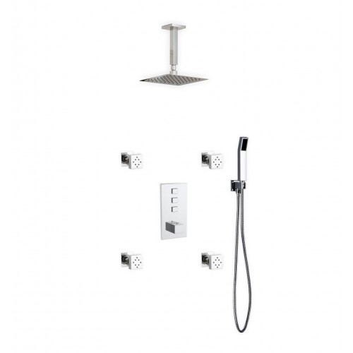 Piazza Thermostatic Shower Set w/ 8″ Ceiling Mount Square Rain Shower, Handheld and 4 Body Jets 